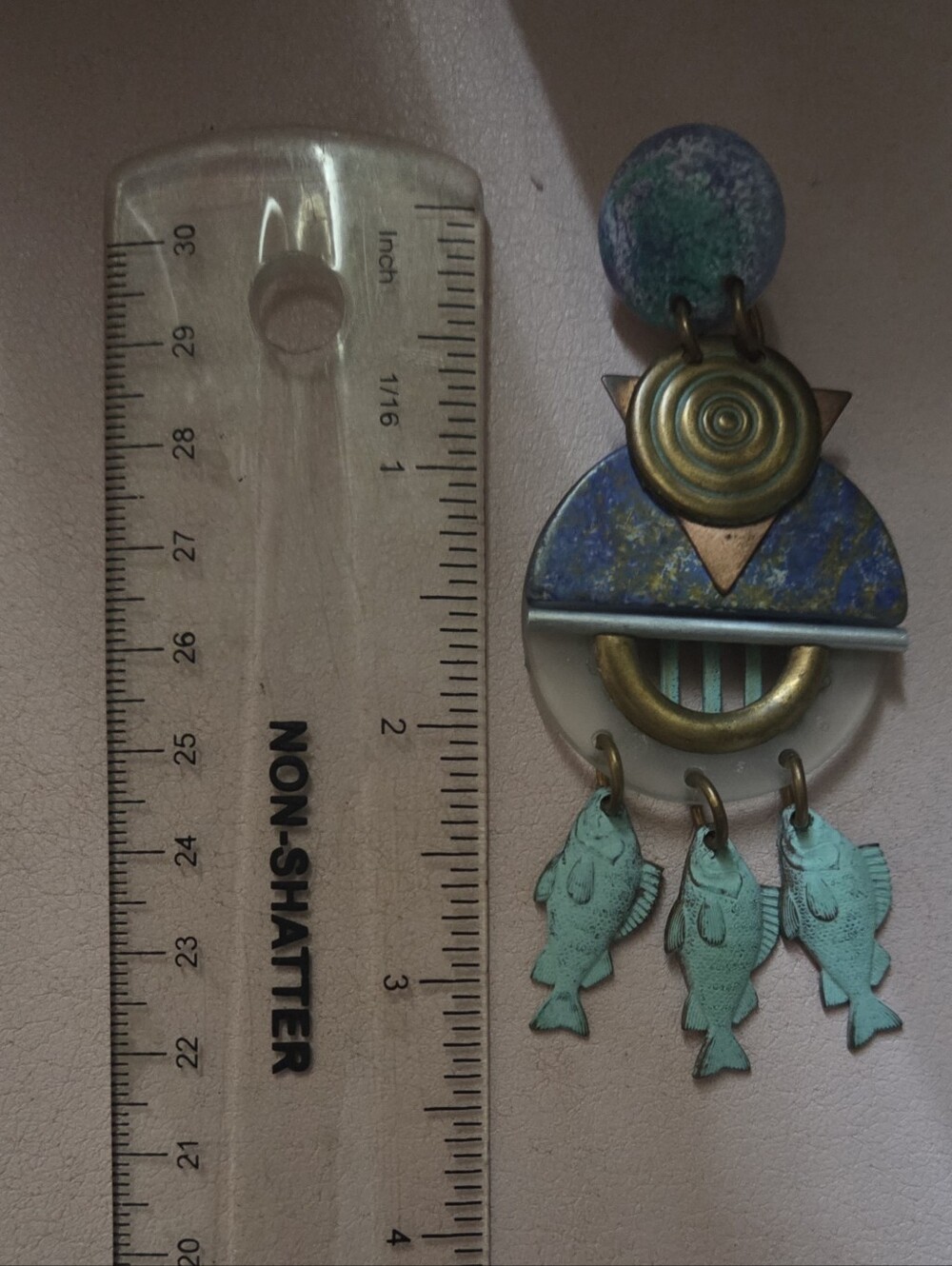 Geometric Mixed-Media Dangle Earrings with Fish Charms - Blue, Green, Brass - Picture 5 of 5